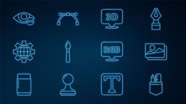 设置线交叉尺子和铅笔，图片景观，语音气泡与文本3D，油漆刷，地球齿轮，红眼效果，RGB CMYK和贝塞尔曲线图标。向量图片下载