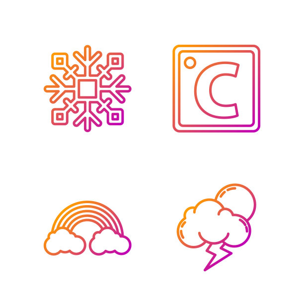 设置线风暴，彩虹与云，雪花和摄氏度。渐变颜色图标。向量图片下载
