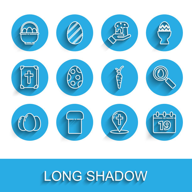 设置线复活节彩蛋，蛋糕，篮子与复活节，地图指针基督教十字架，日历快乐，搜索和胡萝卜图标。向量图片下载