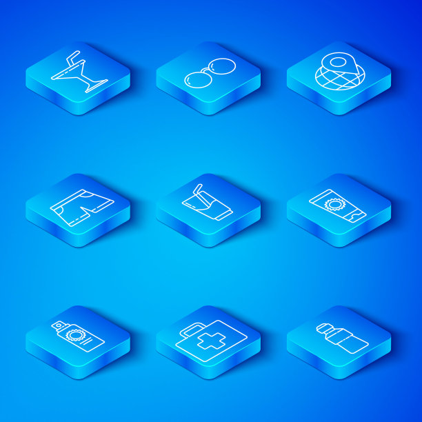 防晒喷雾瓶，鸡尾酒和酒精饮料，急救箱，乳膏管，地球仪上的位置，泳裤，马提尼杯和瓶装水图标。向量图片下载