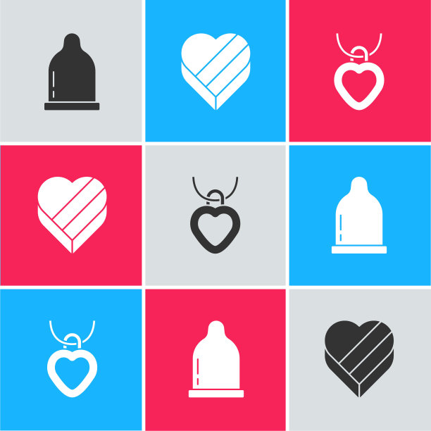 套避孕套，糖果在心形盒子和项链与图标。向量图片下载