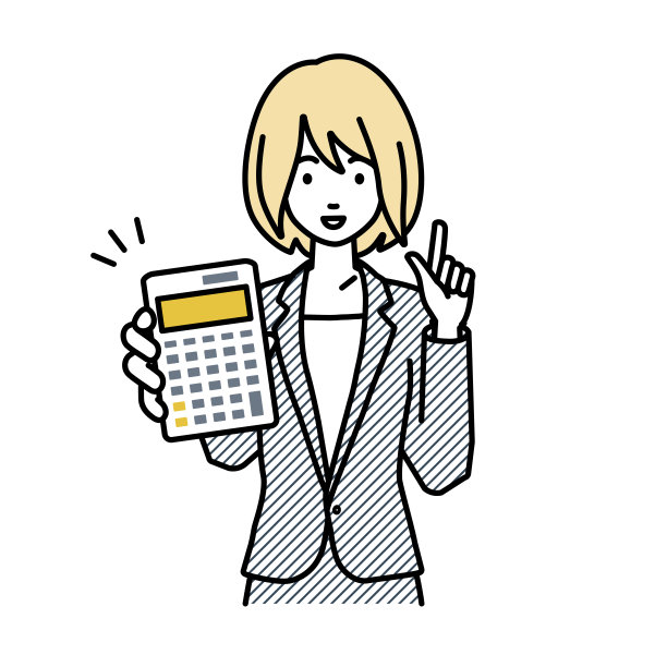 一位身着西装的女士面带微笑地推荐、提议、展示估价并指着计算器图片下载