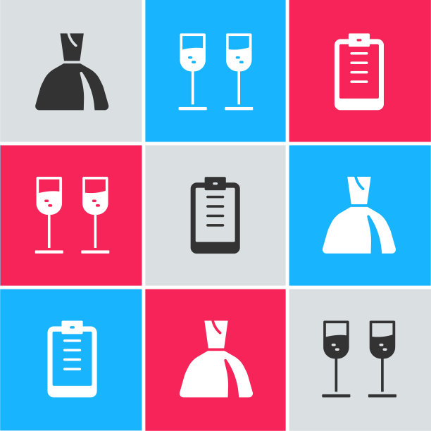 设置女人的衣服，香槟杯和剪贴板与检查表图标。向量图片下载