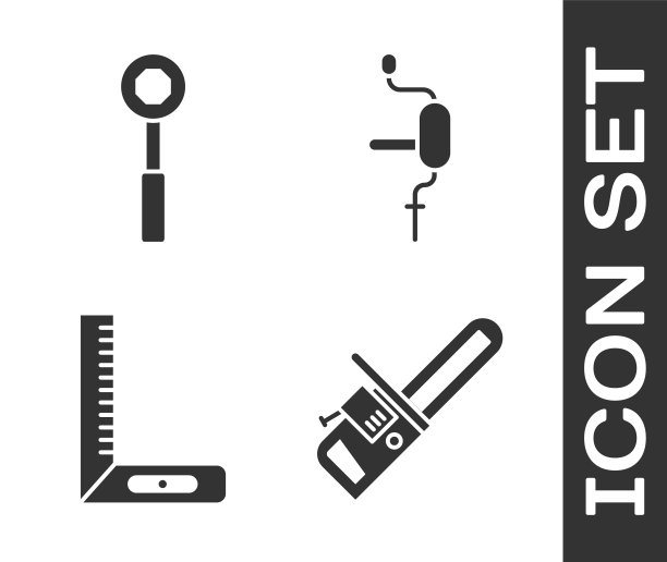 设置电锯，扳手扳手，角尺和手钻图标。向量图片下载