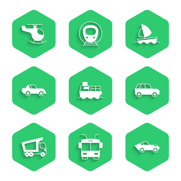 集货船与箱子交付，无轨电车，交付货运卡车，游艇帆船和直升机图标。向量图片下载