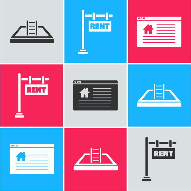 设置游泳池与梯子，悬挂标志与文字租金和悬挂标志与文字在线销售图标。向量图片下载