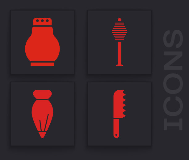 准备好面包刀，盐和胡椒粉，蜂蜜棒和糕点袋，用于装饰蛋糕图标。向量图片下载