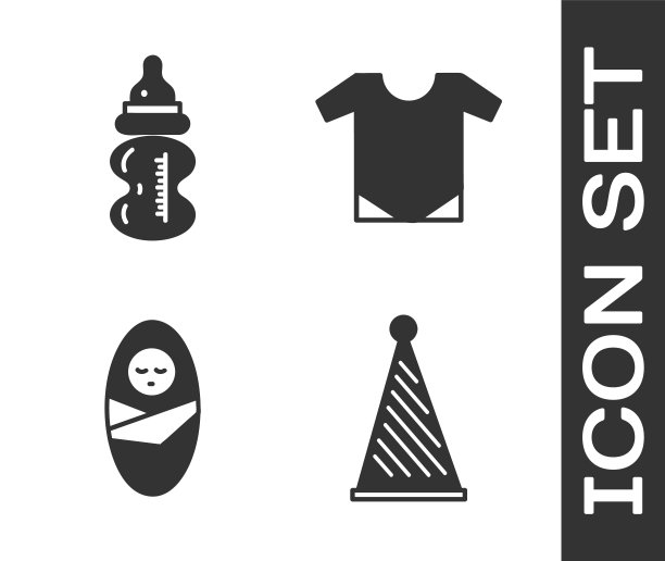 集聚会帽，婴儿奶瓶，新生儿婴儿襁褓和婴儿连体衣图标。向量图片下载