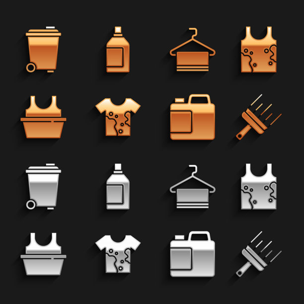 集脏t恤，橡胶清洁剂的窗户，瓶子清洗剂，盆，毛巾在衣架上，垃圾桶和图标。向量图片下载