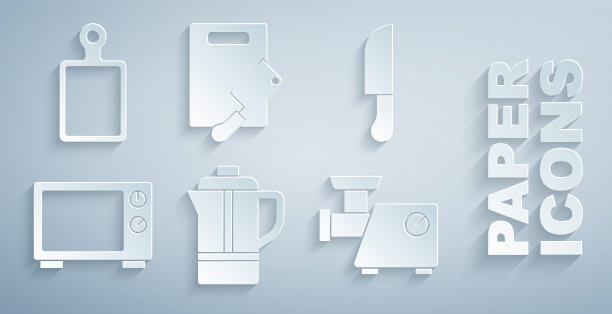 集茶壶，刀，微波炉，厨房绞肉机，砧板和斧头和图标。向量图片下载