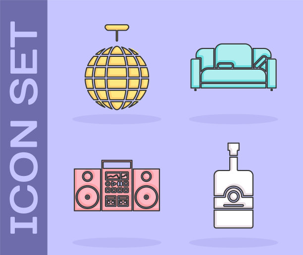 集威士忌酒瓶，迪斯科球，家庭立体声与两个扬声器和沙发图标。向量图片下载
