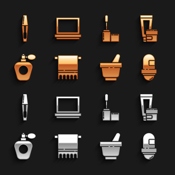 把毛巾挂在衣架上，面霜或乳液化妆管，止汗除臭剂卷，研钵和杵，香水，睫毛膏刷和化妆粉，上面有镜子的图标。向量图片下载