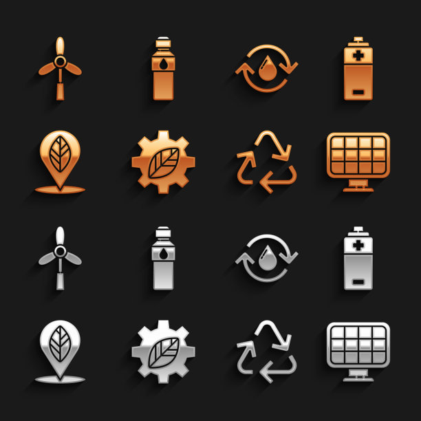 集叶片工厂齿轮机，电池，太阳能板，回收符号，位置与叶片，清洁水，风力涡轮机和瓶装水的图标。向量图片下载
