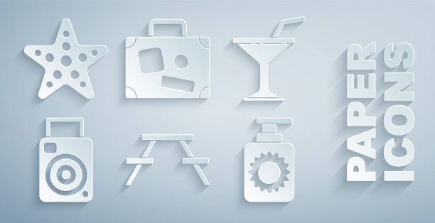 设置野餐桌与长凳，马提尼酒杯，照相机，防晒喷雾瓶，手提箱和海星图标。向量图片下载