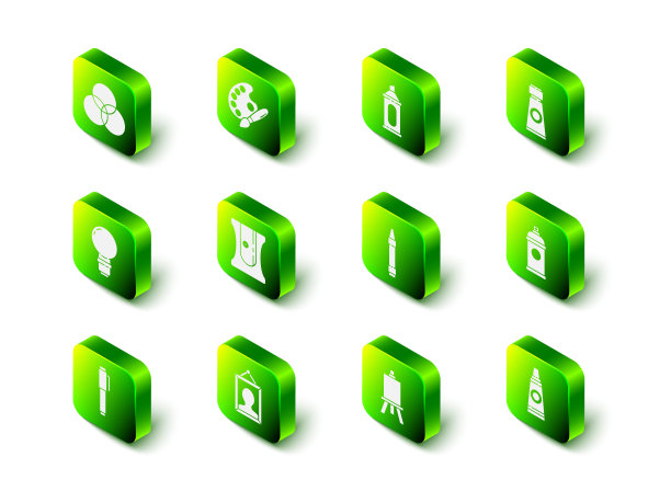 设置画笔与调色板，记号笔，管油漆，喷雾罐，蜡笔绘画，画架绘画艺术板和图片图标。向量图片下载