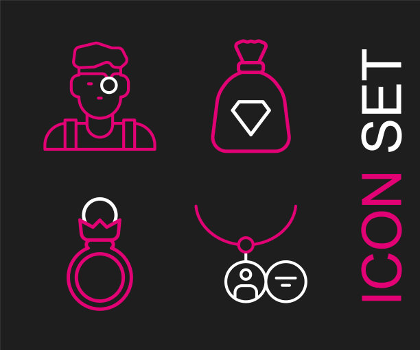 套线吊坠项链，钻石订婚戒指，包与宝石和珠宝商的男人图标。向量图片下载