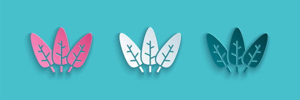 剪纸叶图标孤立的蓝色背景。叶子的迹象。产品标志新鲜天然。纸艺风格。向量图片下载