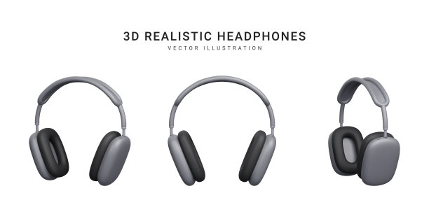 一套3d逼真的无线耳机隔离在白色背景。矢量图图片下载