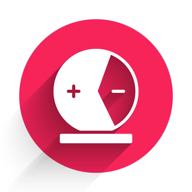 白色原子图标孤立与长阴影背景。象征科学、教育、核物理、科学研究。红色圆圈按钮。向量图片下载