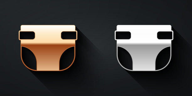 金色和银色婴儿吸湿尿布图标孤立的黑色背景。长影式。向量图片下载