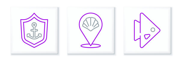 设置线鱼，锚内盾和扇贝海贝壳图标。向量图片下载