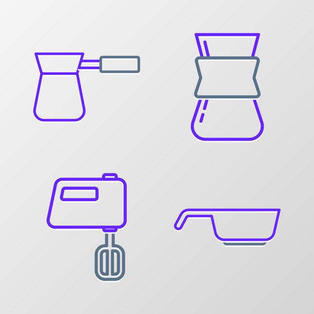 设置煎锅，电动搅拌器，咖啡壶和图标。向量图片下载