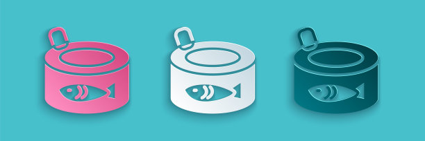 剪纸罐头鱼图标孤立的蓝色背景。纸艺风格。向量图片下载