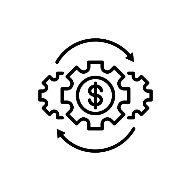 资金管理细线图标。投资、金融流通、金融运作、资金收入。带有箭头的齿轮。矢量图解。图片下载