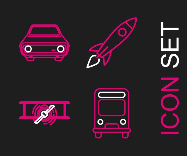 集线巴士，旧的复古飞机，火箭船与火和汽车图标。向量图片下载