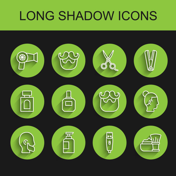 固定线胡子和胡须，瓶子洗发水，吹风机，剪刀，剃须刷与泡沫，须后水，发型的男人和图标。向量图片下载