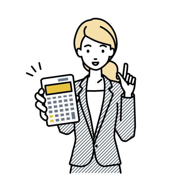 一位身着西装的女士面带微笑地推荐、提议、展示估价并指着计算器图片下载