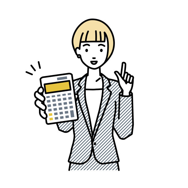 一位身着西装的女士面带微笑地推荐、提议、展示估价并指着计算器图片下载