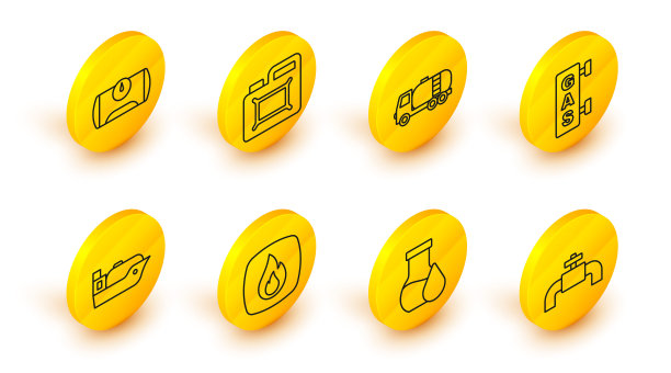 设置线金属管道和阀门，石油汽油试管，火焰，油轮，加油站，油罐车，汽油机罐和车辆图标。向量图片下载