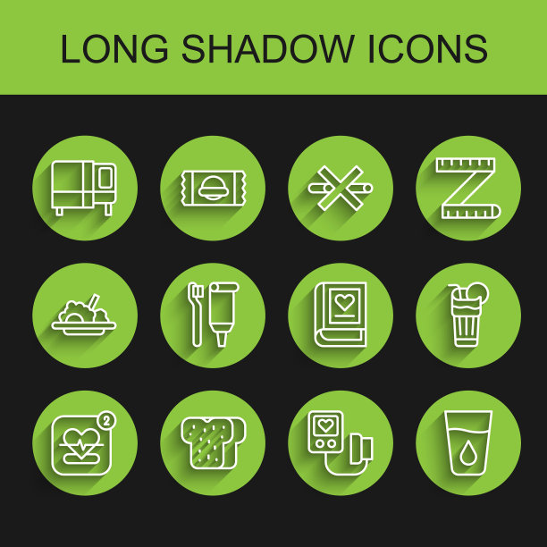 设定线移动心率，面包吐司，床，血压，玻璃水，牙刷和牙膏，新鲜的冰沙和医学书籍图标。向量图片下载