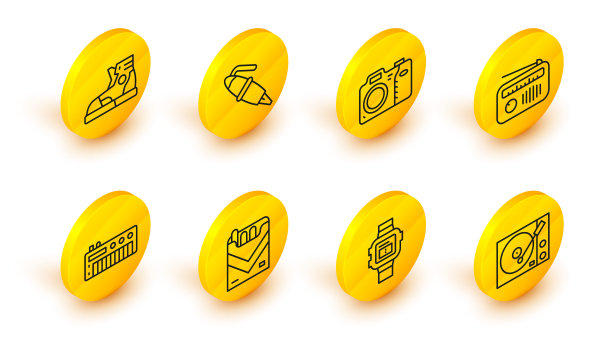 集线黑胶播放器，腕表，香烟包装盒，音乐合成器，收音机天线，照相机，钢笔笔尖和运动鞋图标。向量图片下载