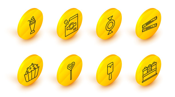 集线蛋糕，冰淇淋，棒棒糖，纸杯蛋糕，糖棒包，糖果，包装的糖果和奶昔图标。向量图片下载