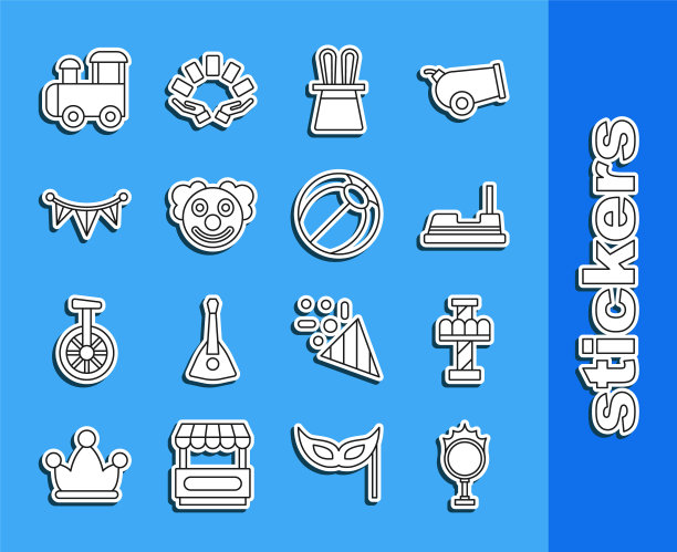 设线马戏团火箍，吸引旋转木马，保险杠，魔术师帽子和兔子耳朵，小丑头，嘉年华花环与旗帜，玩具火车和海滩球图标。向量图片下载