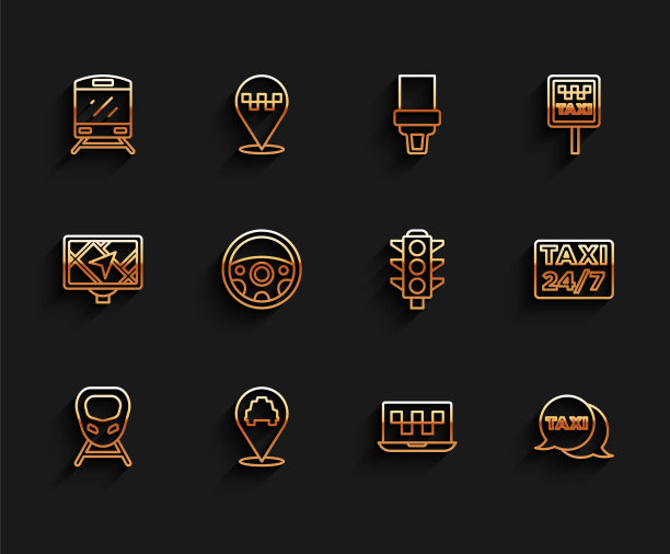 集线高速列车，位置与出租车，火车，笔记本电话服务，出租车电话，方向盘，和交通灯图标。向量图片下载