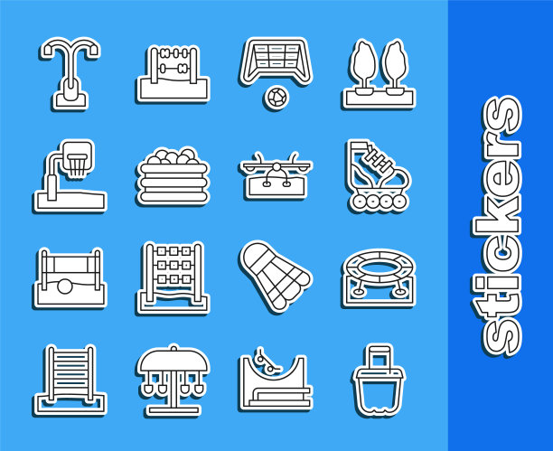 设线沙在桶，跳跃蹦床，轮滑，足球目标与球，台球，篮球篮板，路灯和跷跷板图标。向量图片下载