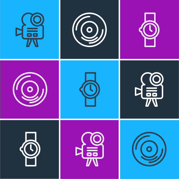 集线复古电影相机，腕表和乙烯基磁盘图标。向量图片下载