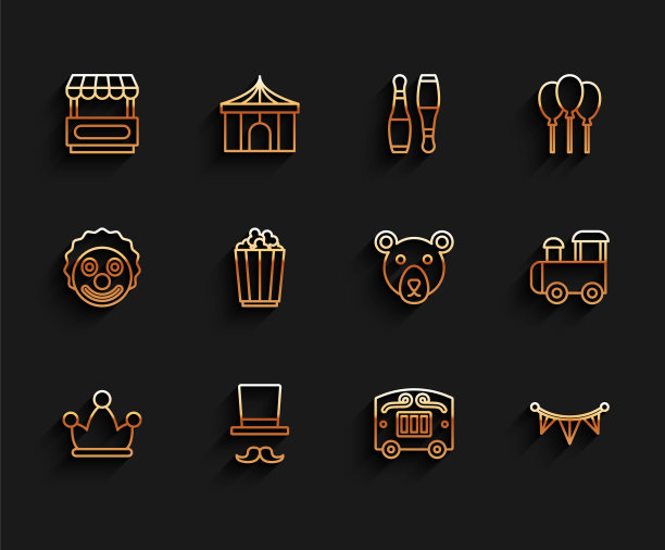 集线小丑帽子与铃铛，魔术师，快街食品车，马戏团马车，嘉年华花环旗，爆米花在盒子里，玩具火车和熊头图标。向量图片下载