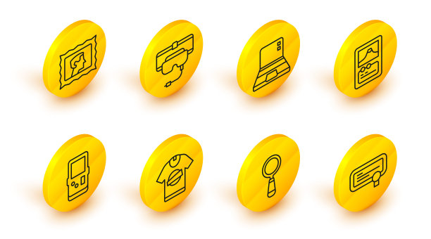 集线证书模板，放大镜，t恤，俄罗斯方块，纸牌游戏，笔记本电脑，虚拟现实眼镜和邮政邮票图标。向量图片下载