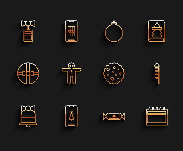 圣诞节铃铛、促销标签、糖果、日历、姜饼人饼干、烟花火箭和巧克力饼干图标矢量图图片下载