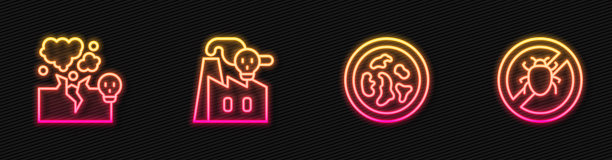 设置有细菌的培养皿，有毒气体云或烟雾，工厂烟雾和阻止科罗拉多甲虫。发光的霓虹灯图标。向量图片下载