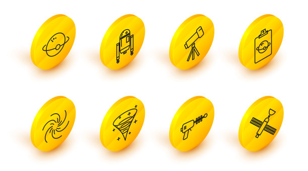 设置线卫星，射线枪，黑洞，行星，望远镜，机器人和图标。向量图片下载