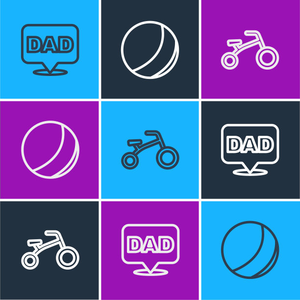 设线语音泡沫爸爸，自行车的孩子和沙滩球图标。向量图片下载