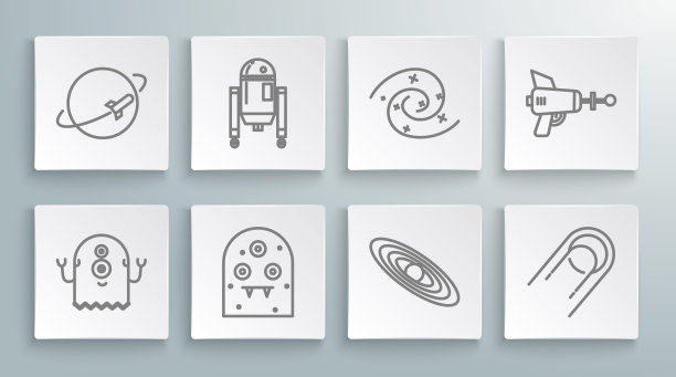 设置线外星人，机器人，行星，卫星，黑洞，射线枪和图标。向量图片下载