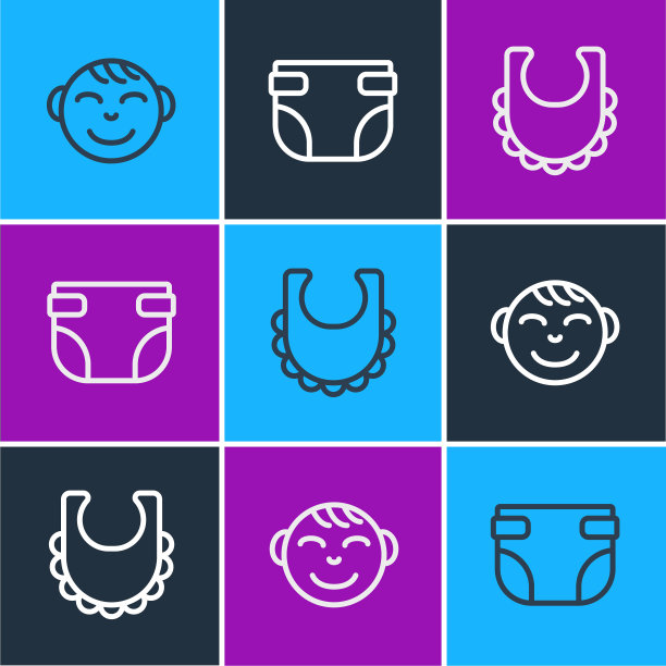 小男孩头，婴儿围兜和尿布图标。向量图片下载