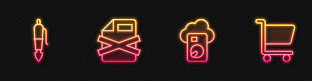 设置行云数据库，钢笔笔尖，删除文件文档和购物车。发光的霓虹灯图标。向量图片下载