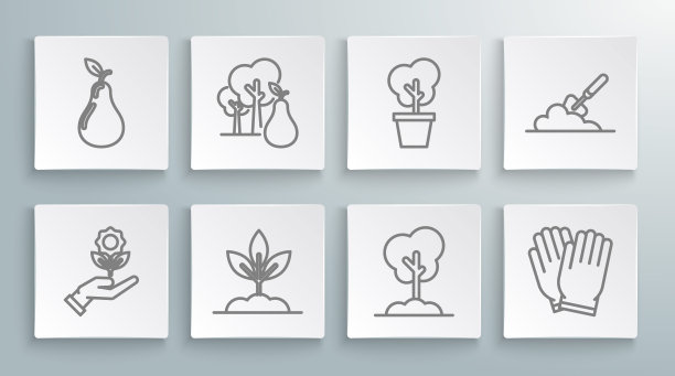 设置线手持花，树与梨，植物，地面，花园手套，锅，铲子或铲子和梨图标。向量图片下载